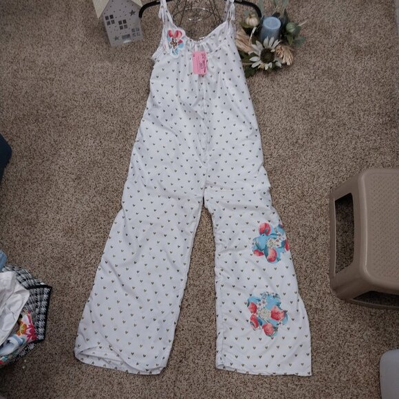 Handmade Pants - 3505 Size Large Tie Shoulder Jumpsuit In White with Gold Hearts.
